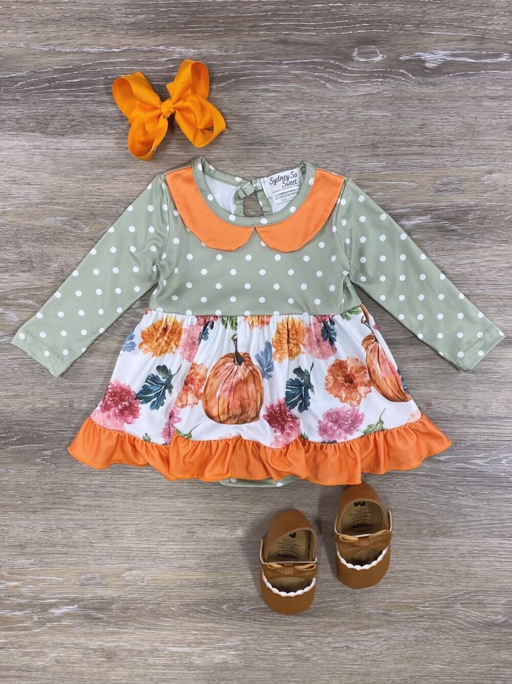 Sage Polka Dot & Pumpkin Girls Skirted Baby Romper - Sydney So Sweet