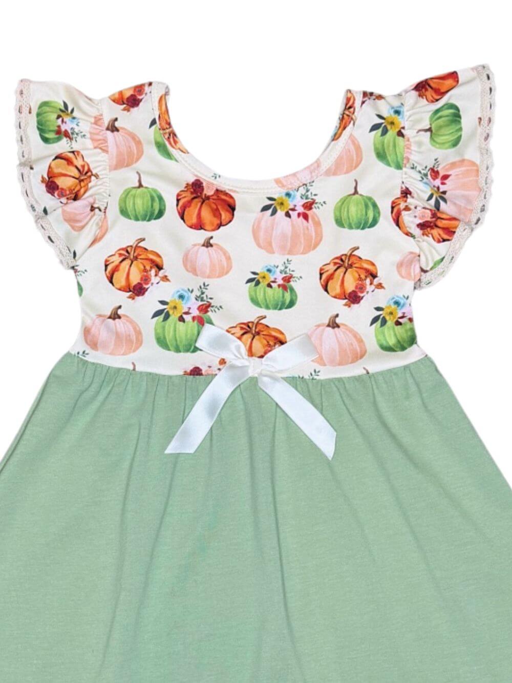 Sage Pumpkin Harvest Girls Lace Trim Dress