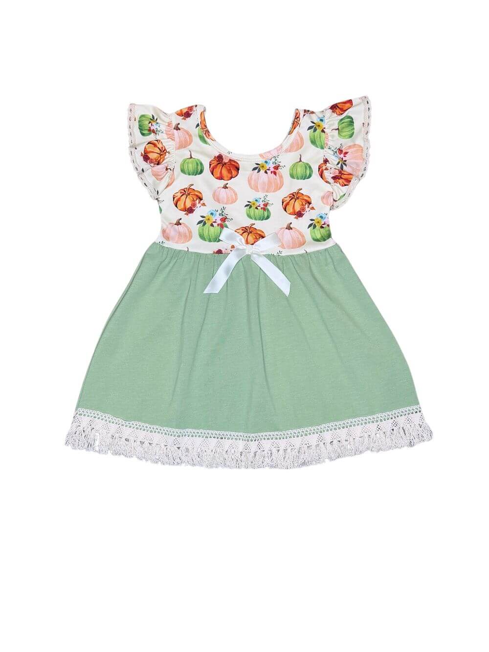 Sage Pumpkin Harvest Girls Lace Trim Dress