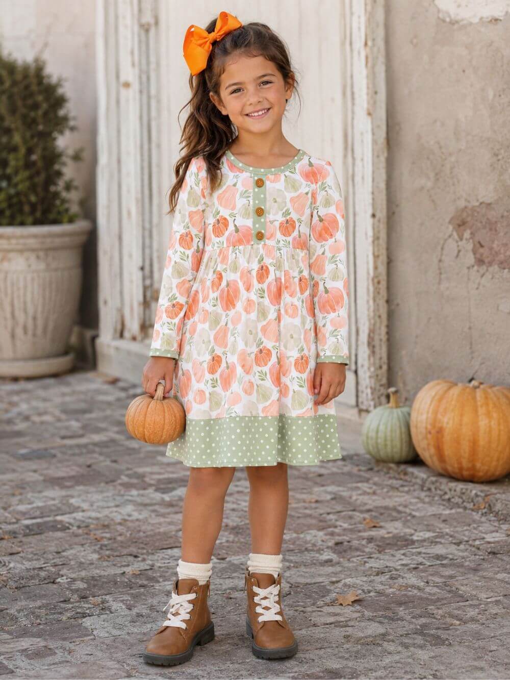 Sage Polka Dot Pumpkin Patch Girls Dress