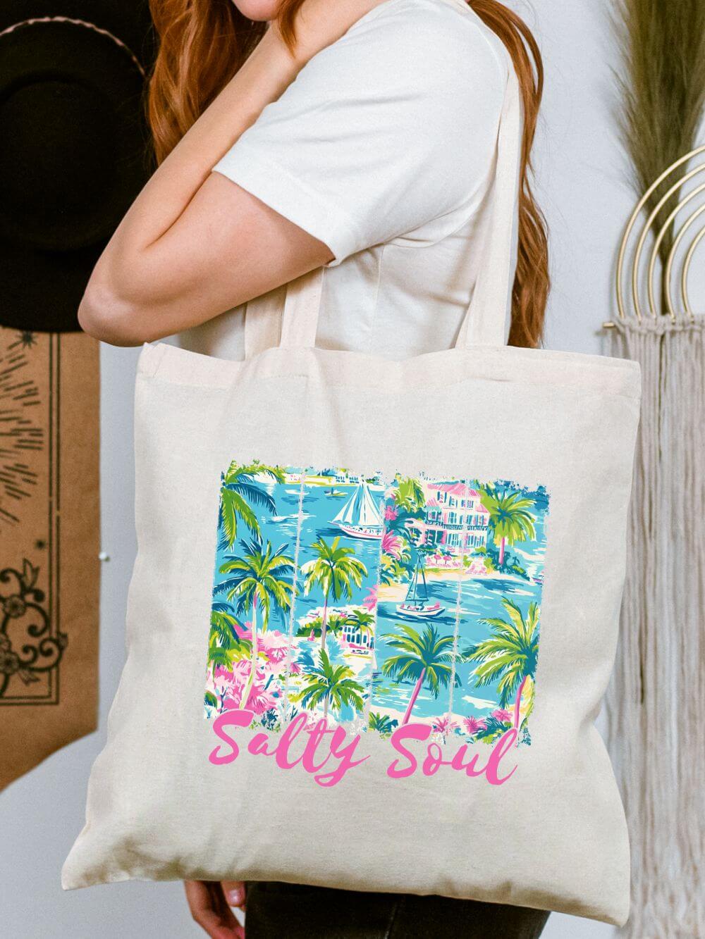 Salty Soul Beach Cotton Canvas Beach Summer Tote Bag