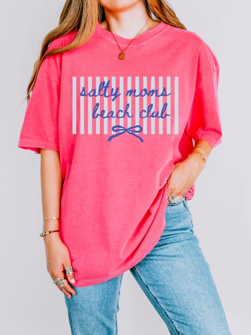 Salty Moms Beach Club Graphic T-Shirt Cute Bow & Stripe Mom Tee