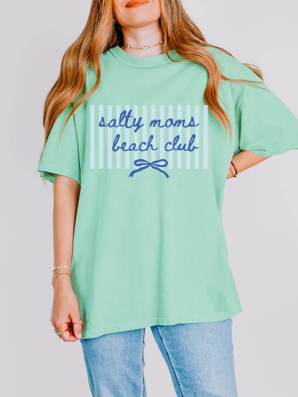 Salty Moms Beach Club Graphic T-Shirt Cute Bow & Stripe Mom Tee