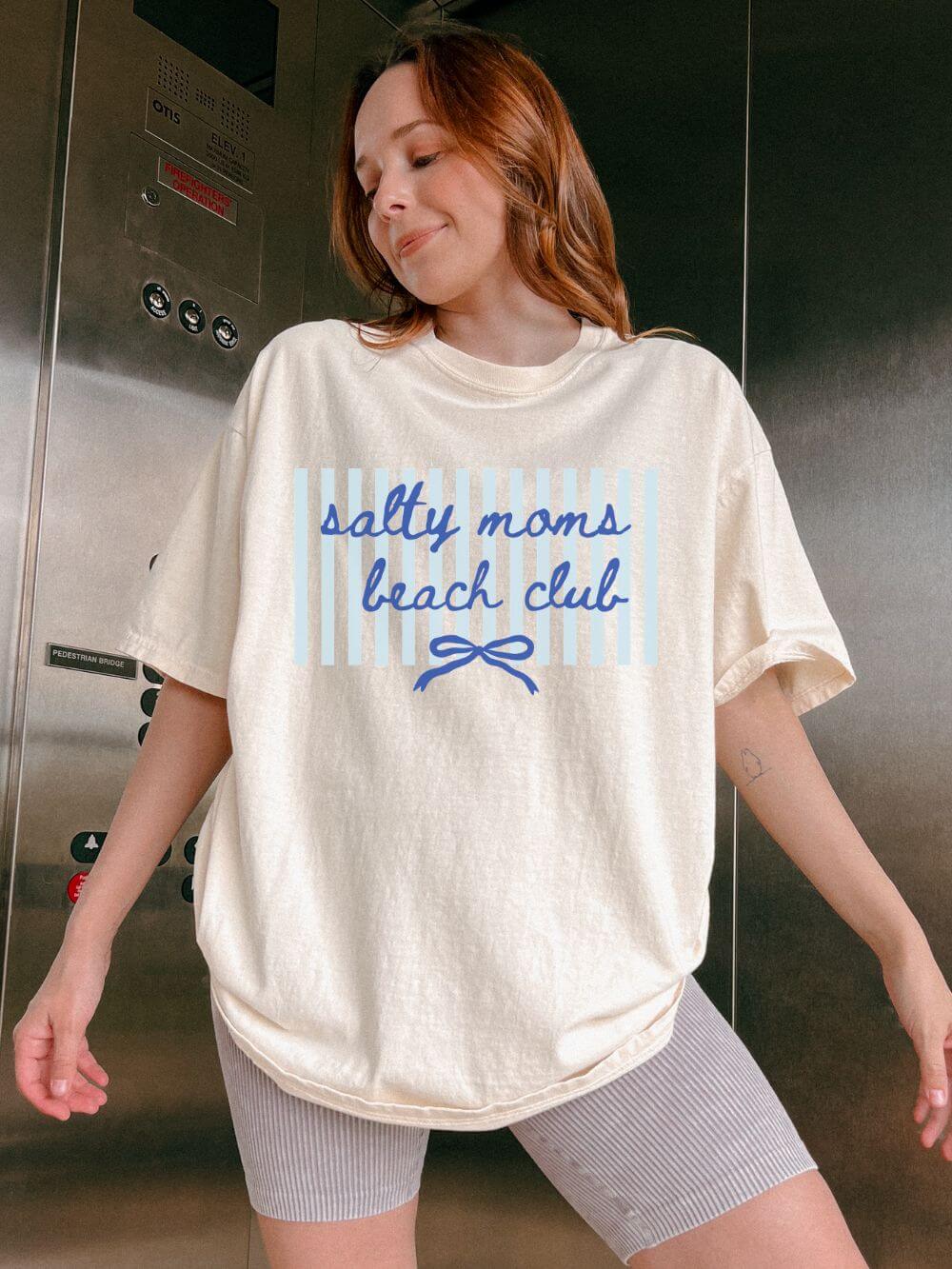 Salty Moms Beach Club Graphic T-Shirt Cute Bow & Stripe Mom Tee