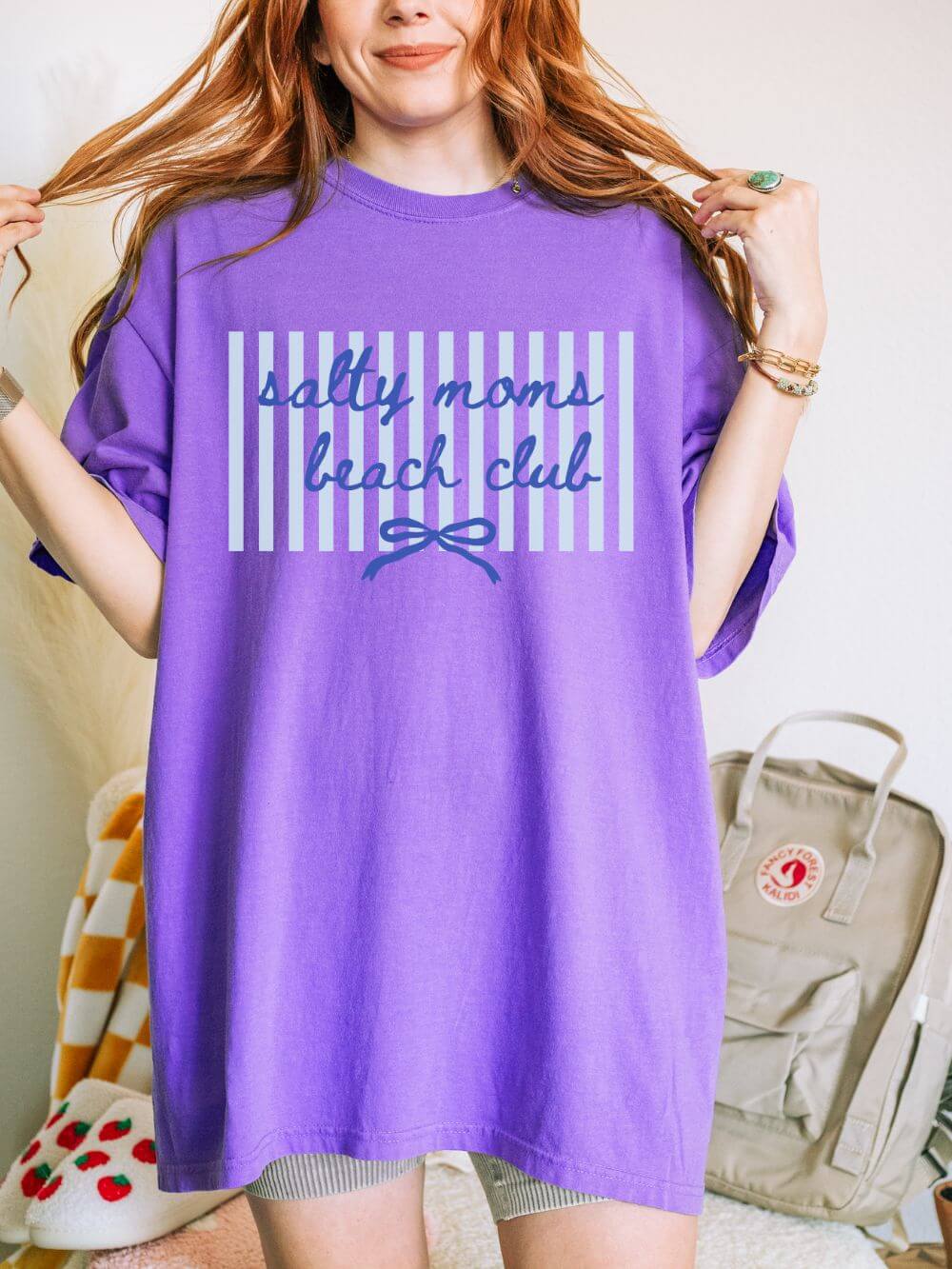 Salty Moms Beach Club Graphic T-Shirt Cute Bow & Stripe Mom Tee