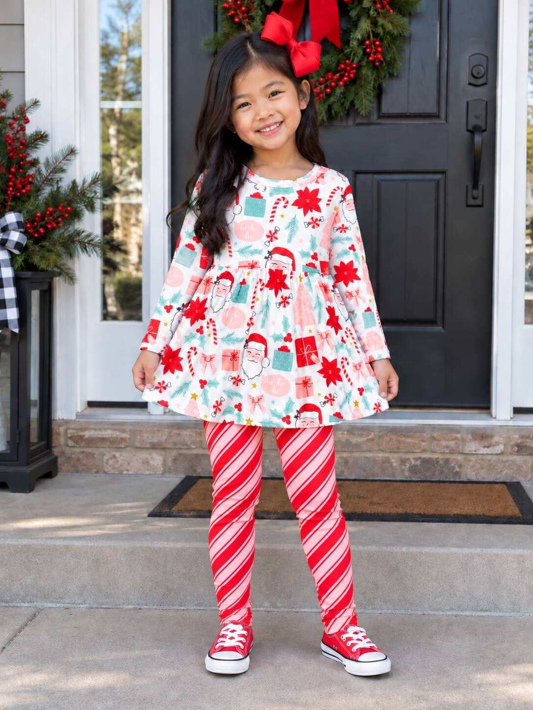Santa & Candy Cane Stripe Girls Christmas Outfit
