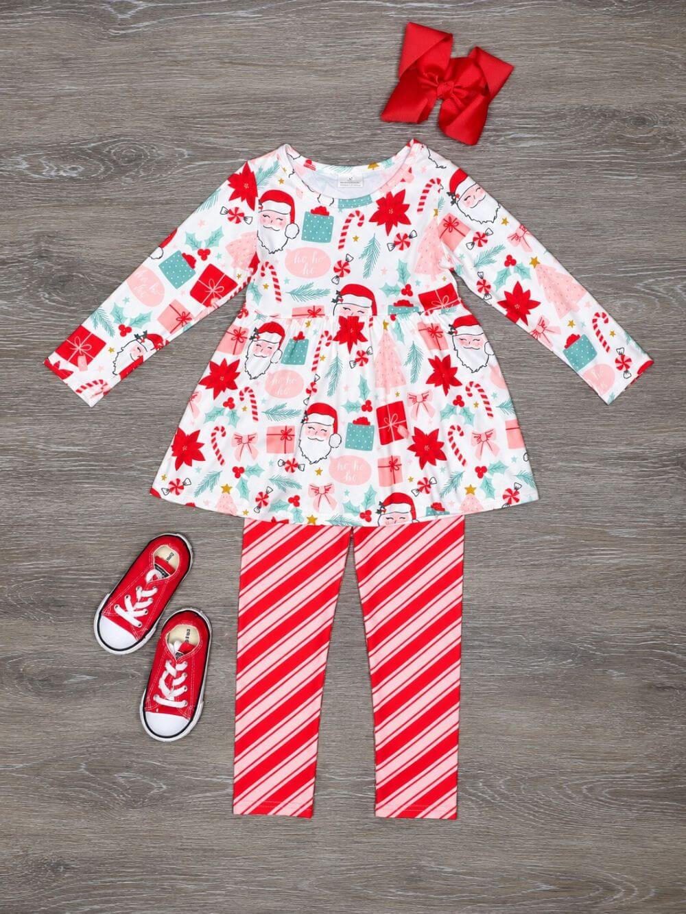 Santa & Candy Cane Stripe Girls Christmas Outfit