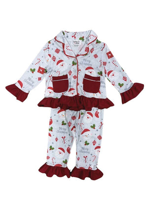 Santa & Snowman Red Ruffle Trim 2 Piece Pajama Set - Sydney So Sweet