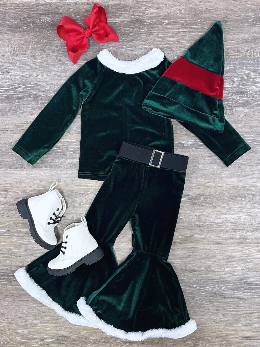 Santa&#39;s Little Elf Velvet and Fleece Christmas Green 3 Piece Set - Sydney So Sweet