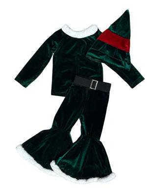 Santa's Little Elf Velvet and Fleece Christmas Green 3 Piece Set - Sydney So Sweet
