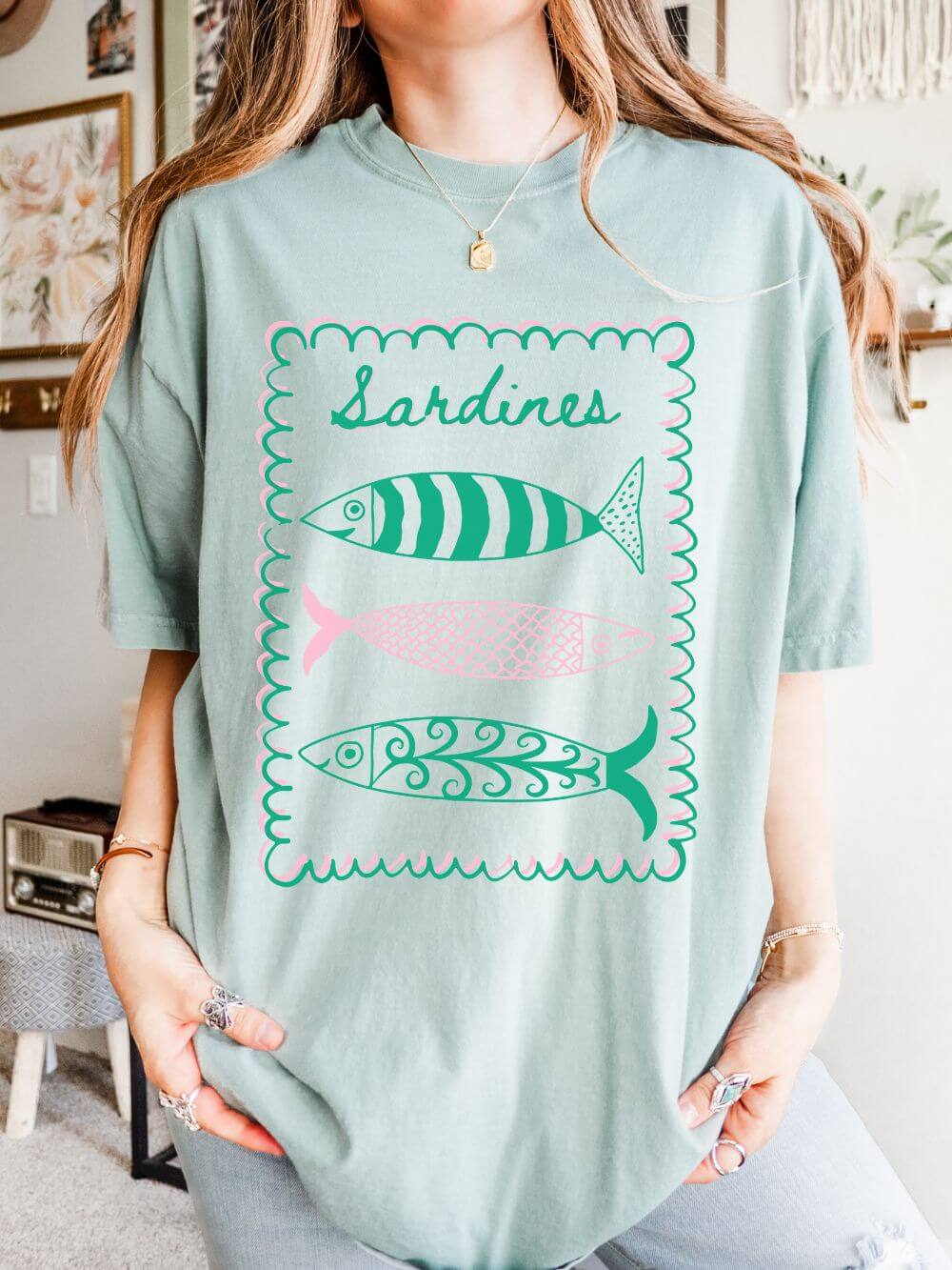 Sardines Graphic T-Shirt Women's Vintage Coastal Fish Tee