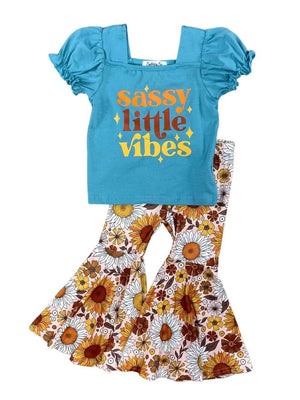 Sassy Little Vibes Girls Sunflower Bell Bottom Outfit - Sydney So Sweet