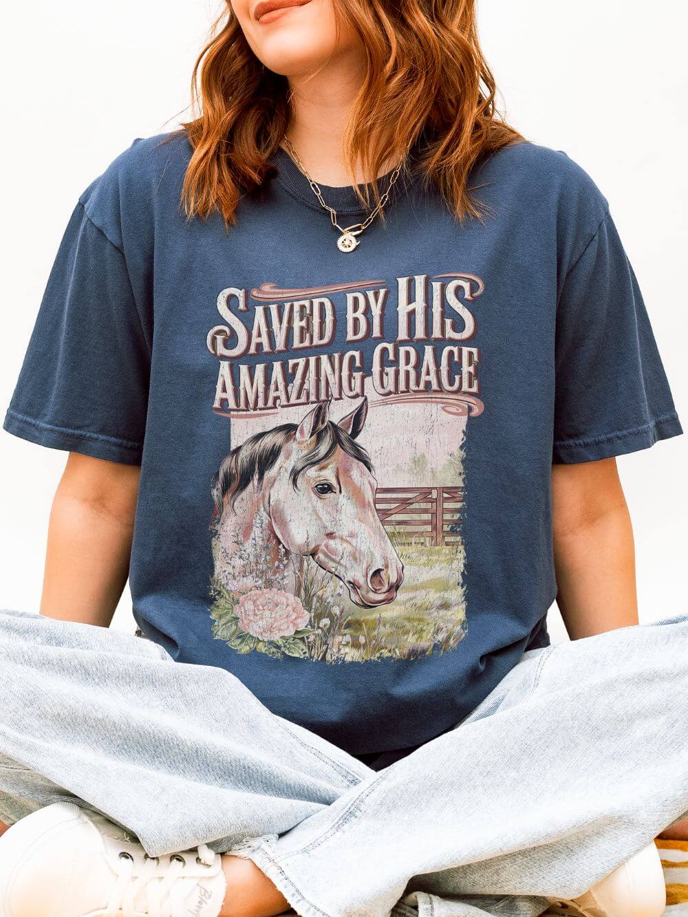 Saved By His Amazing Grace Horse Christian Tee Distressed Graphic T-Shirt