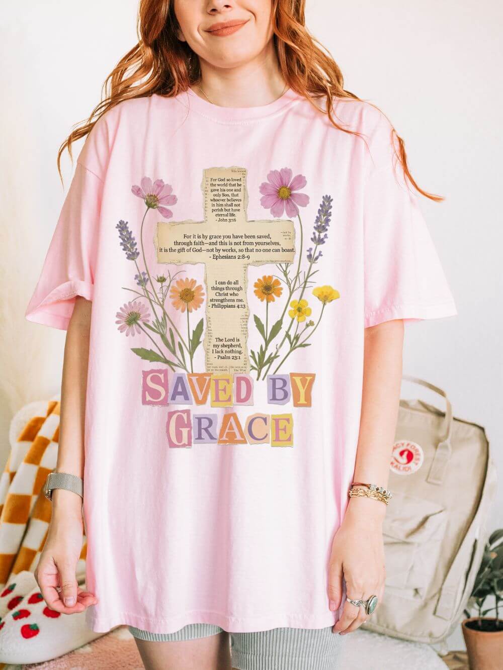 Saved by Grace Floral Cross T-Shirt Christian Faith Inspirational Graphic Tee