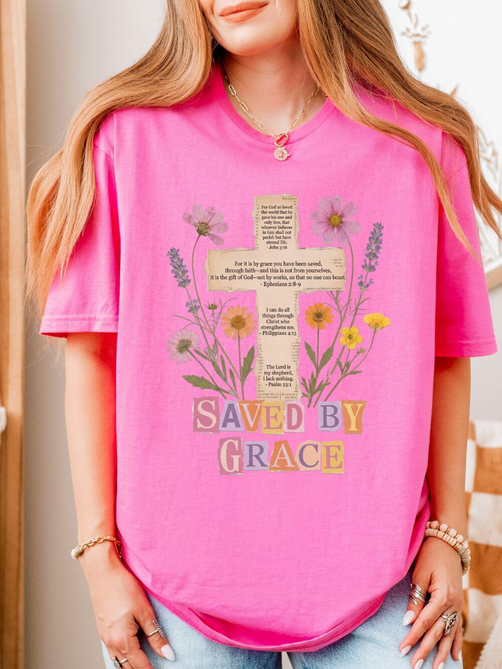 Saved by Grace Collage Floral Cross Tee Bible Verse Christian T-Shirt