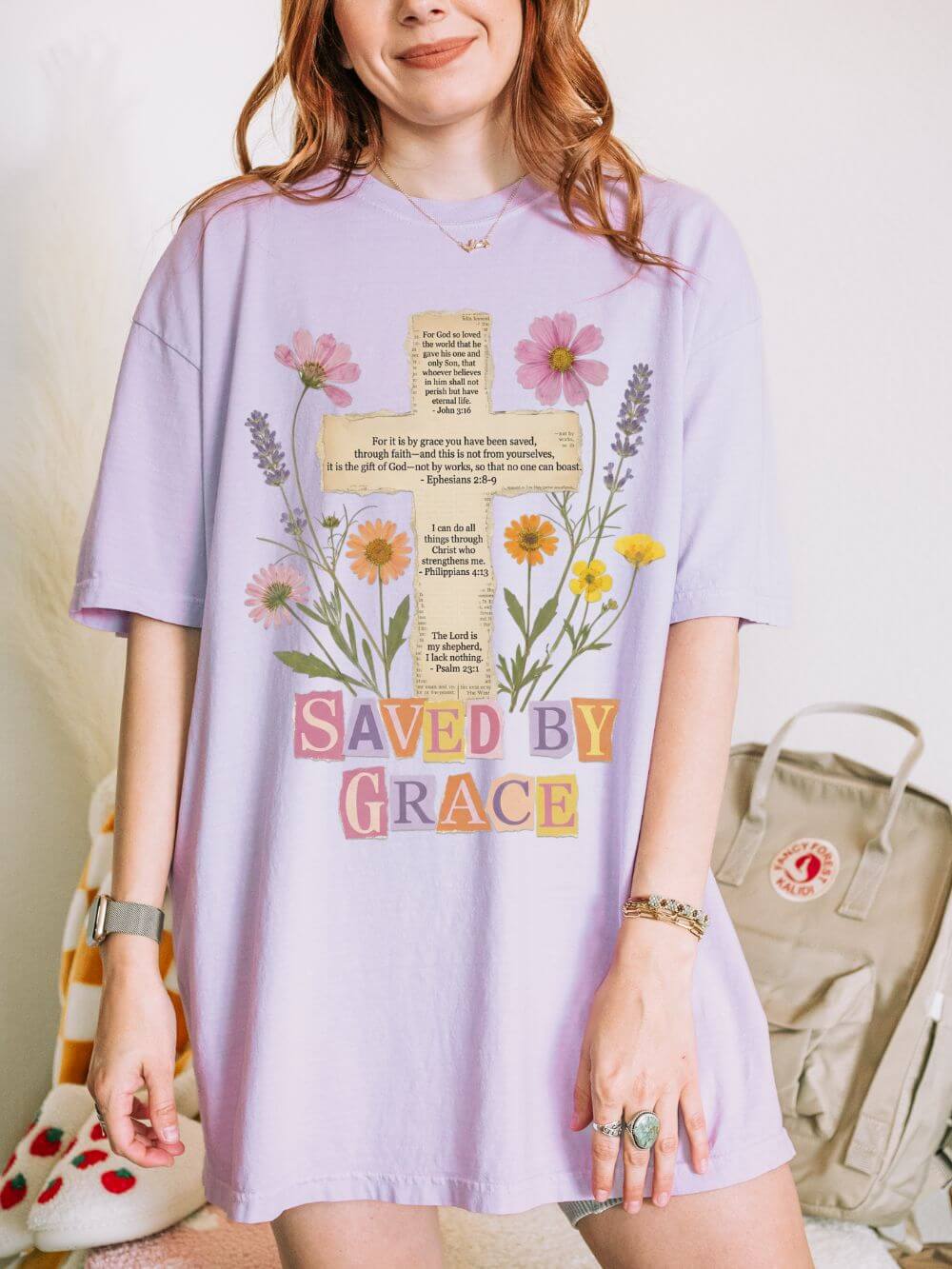Saved by Grace Floral Cross T-Shirt Christian Faith Inspirational Graphic Tee