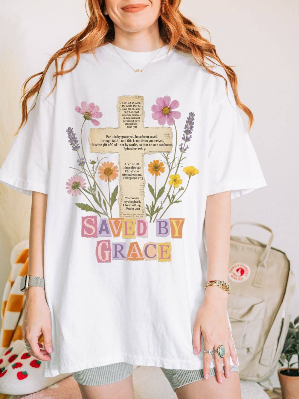 Saved by Grace Floral Cross T-Shirt Christian Faith Inspirational Graphic Tee
