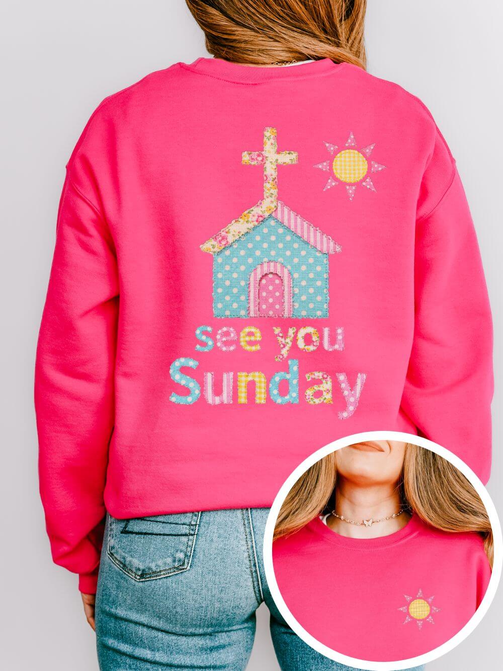See You Sunday Christian Sweatshirt Cute Church Sun Faux Fabric Crewneck