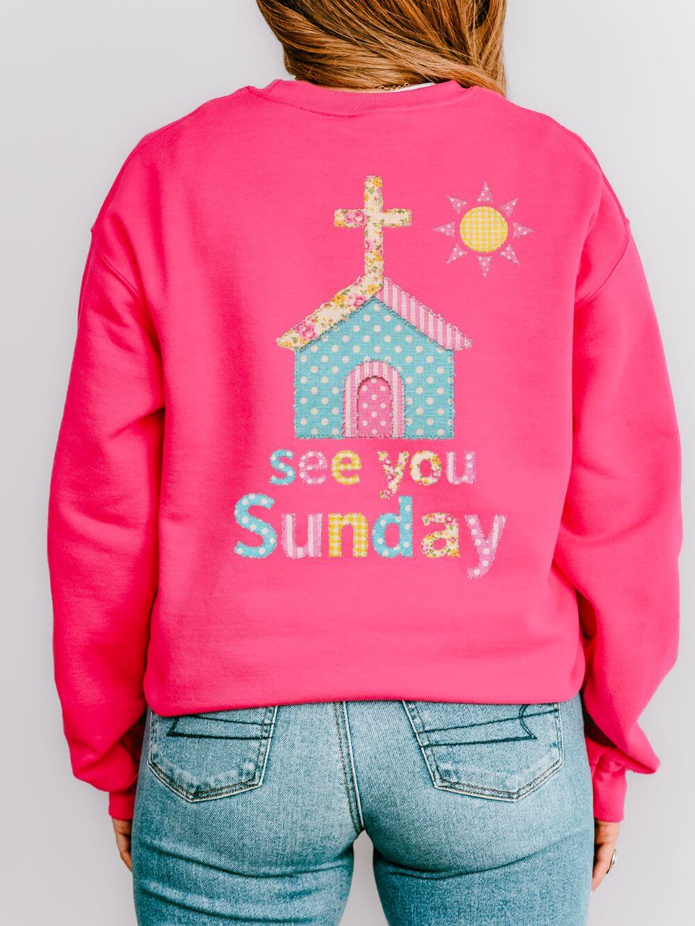 See You Sunday Christian Sweatshirt Cute Church Sun Faux Fabric Crewneck