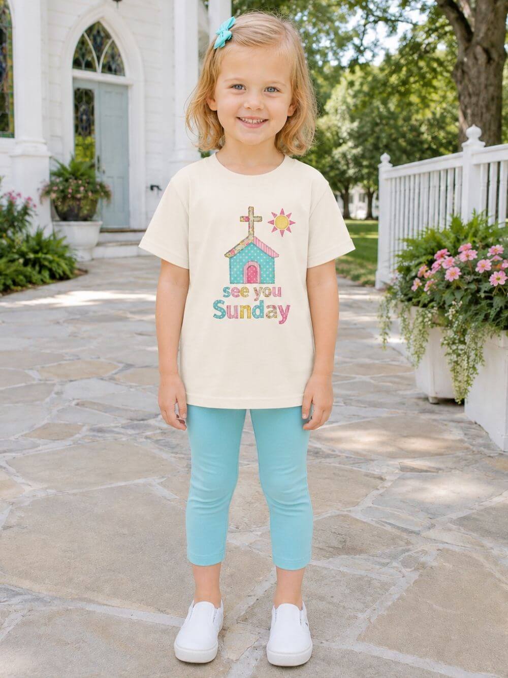 See You Sunday Kids T-Shirt Cute Patchwork Church Christian Graphic Tee