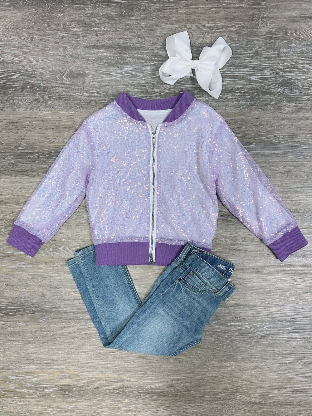 Sequin and Purple Girls Zip Up Bomber Jacket - Sydney So Sweet