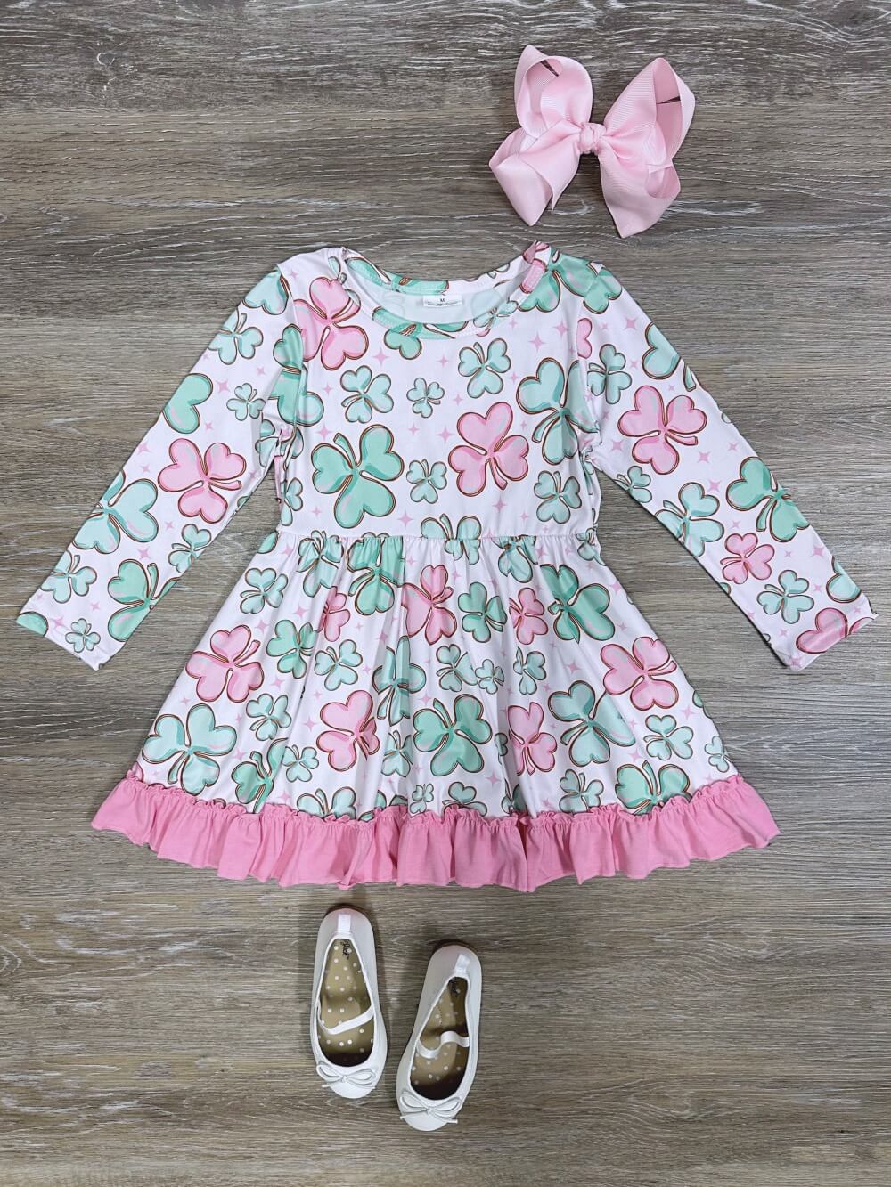 Shamrock Cute Pink Ruffle Trim Girls Long Sleeve Dress - Sydney So Sweet