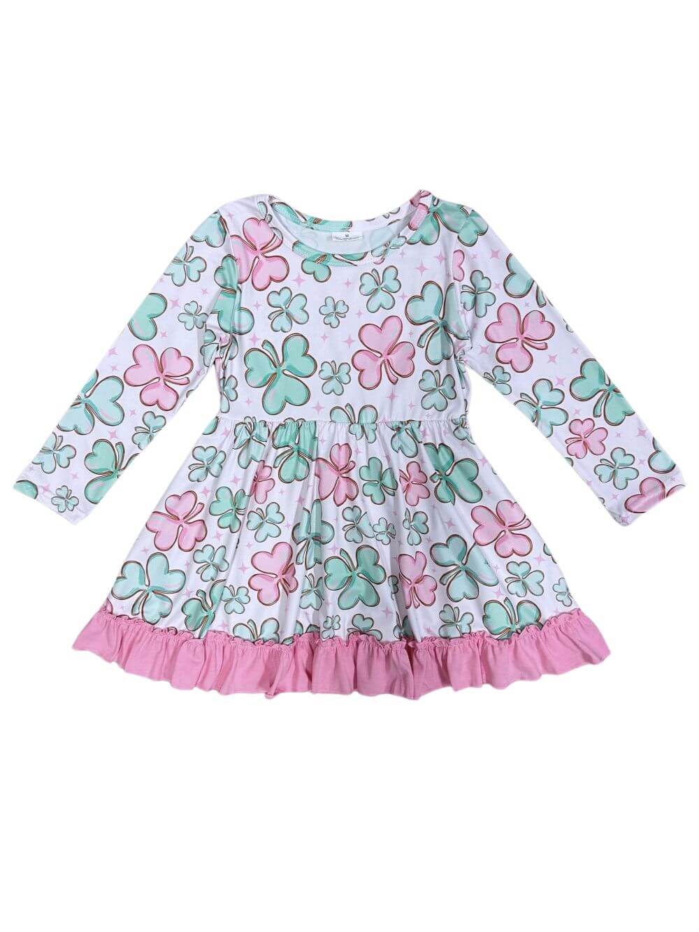 Shamrock Cute Pink Ruffle Trim Girls Long Sleeve Dress - Sydney So Sweet