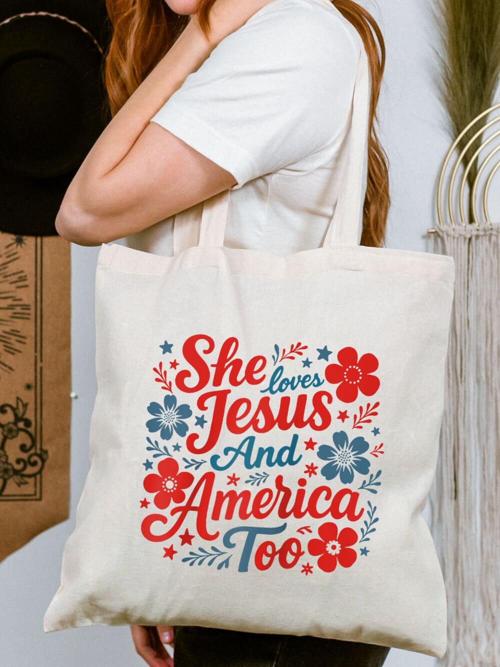 She Loves Jesus and America Too Patriotic Floral Cotton Canvas Tote Bag