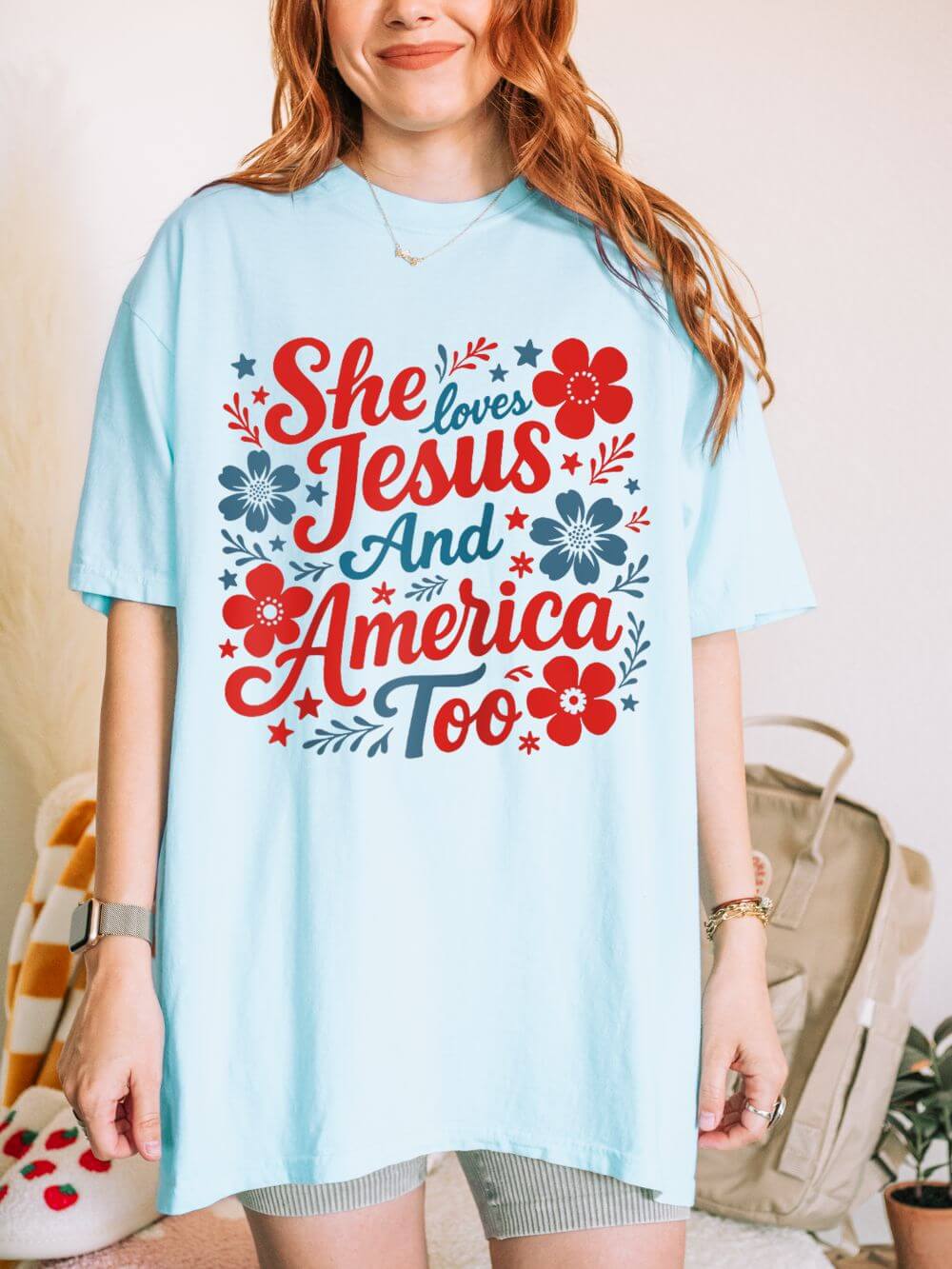 She Loves Jesus and America Too T-Shirt Patriotic Christian Graphic Tee