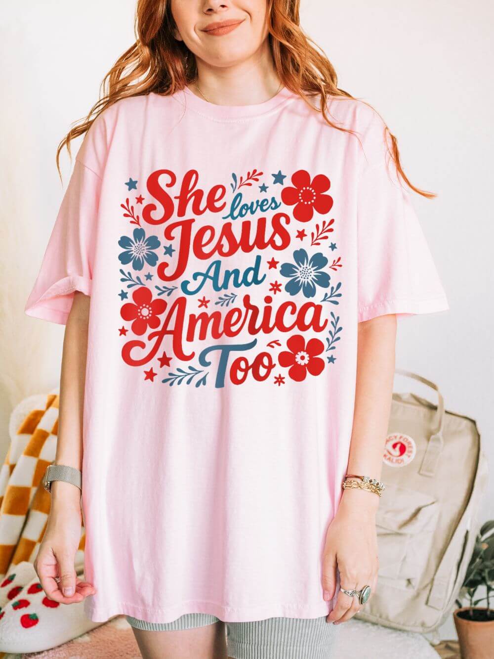 She Loves Jesus and America Too T-Shirt Patriotic Christian Graphic Tee