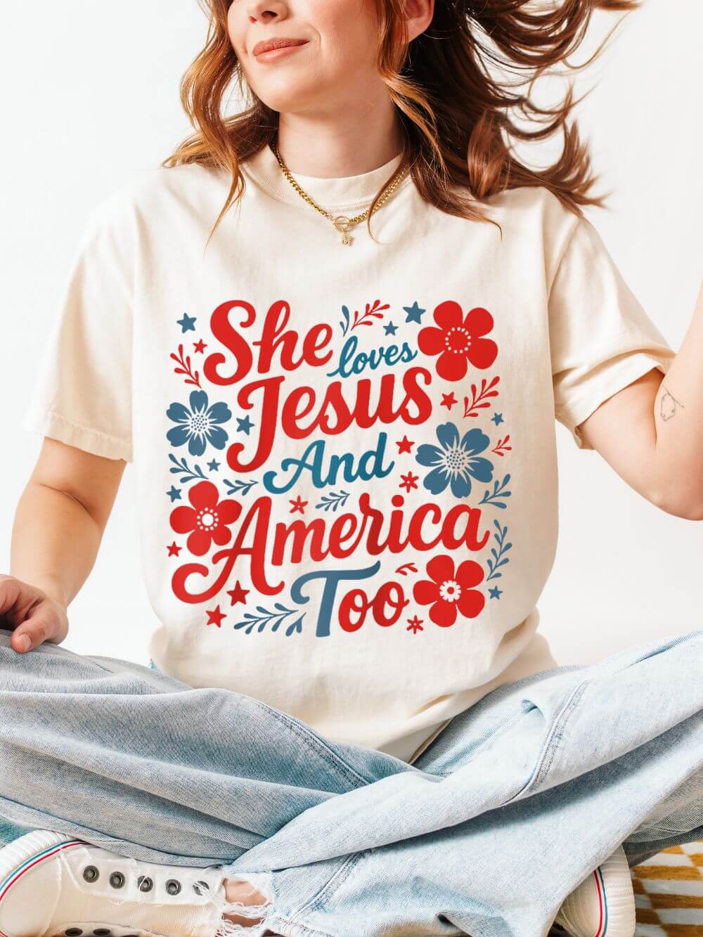 She Loves Jesus and America Too T-Shirt Patriotic Christian Graphic Tee