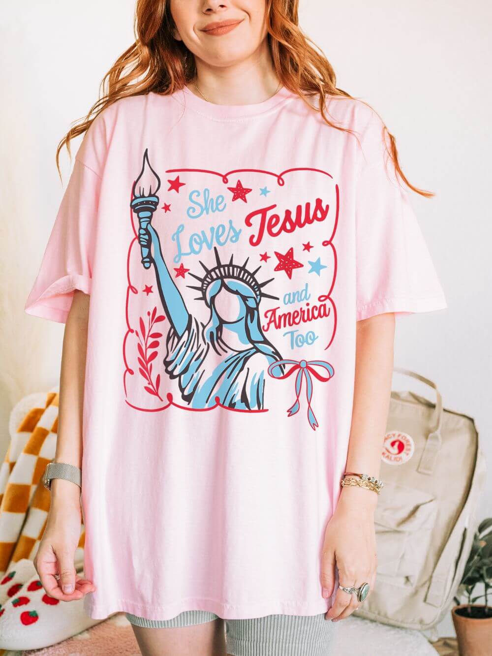 She Loves Jesus and America Too Tee Patriotic Christian Graphic T-Shirt