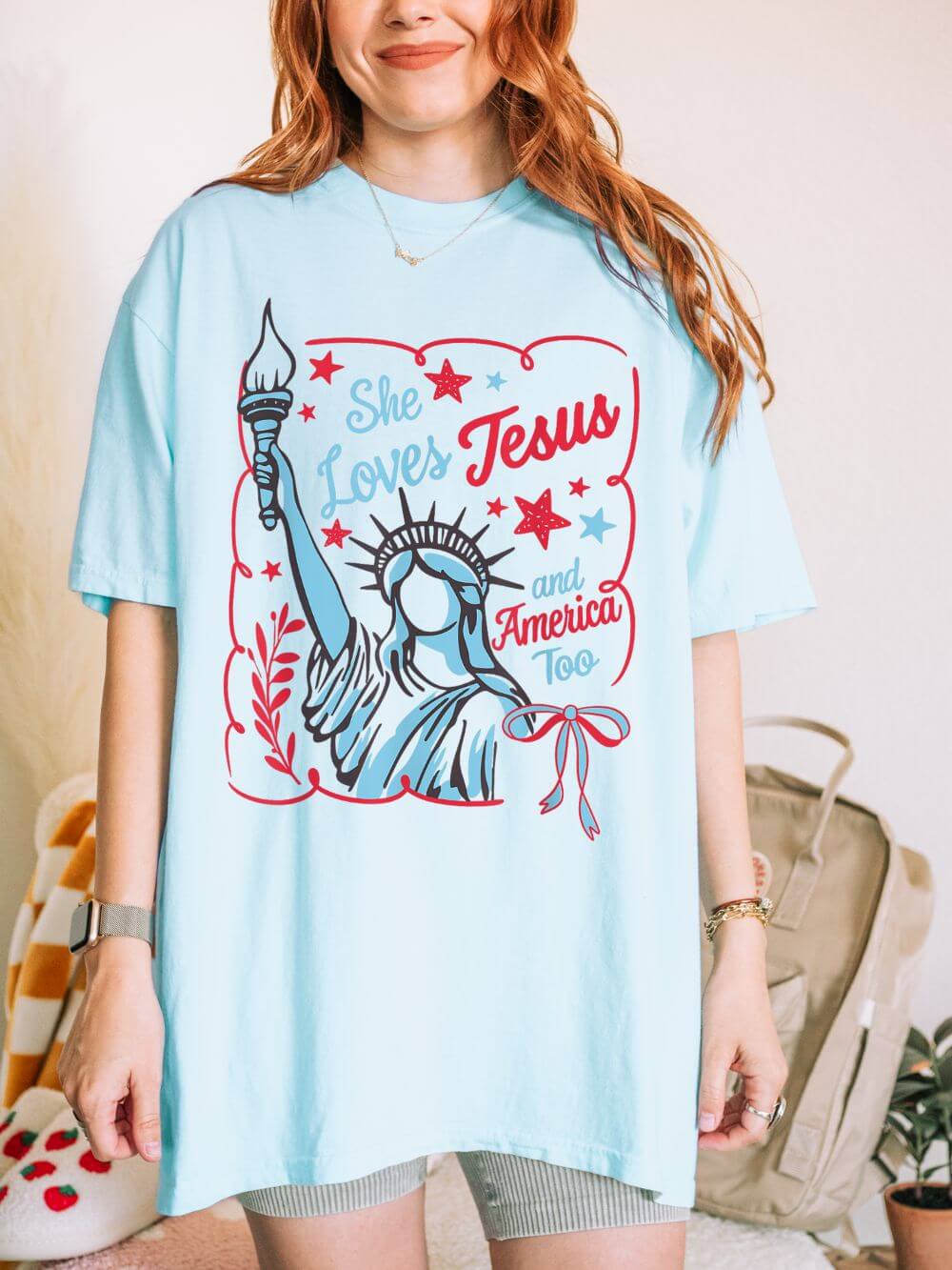 She Loves Jesus and America Too Tee Patriotic Christian Graphic T-Shirt