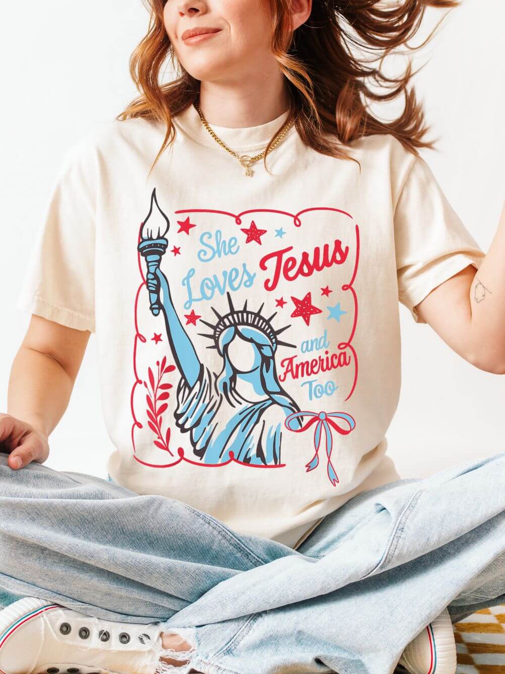 She Loves Jesus and America Too Tee Patriotic Christian Graphic T-Shirt