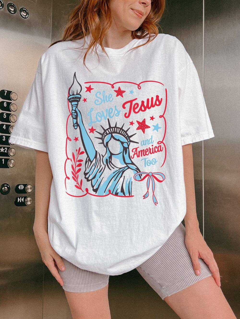 She Loves Jesus and America Too Tee Patriotic Christian Graphic T-Shirt