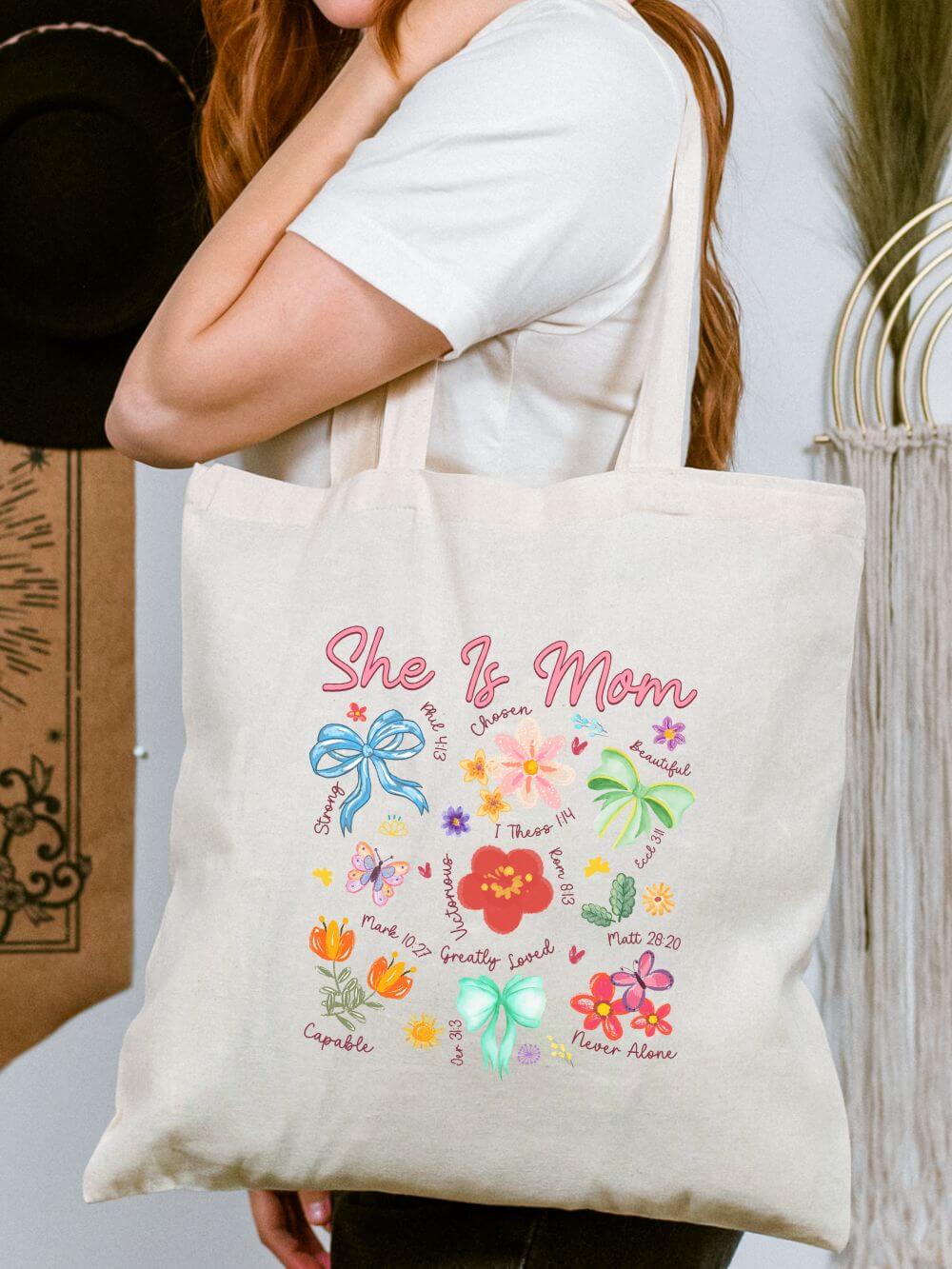 She Is Mom Floral Christian Women's Cotton Canvas Tote Bag