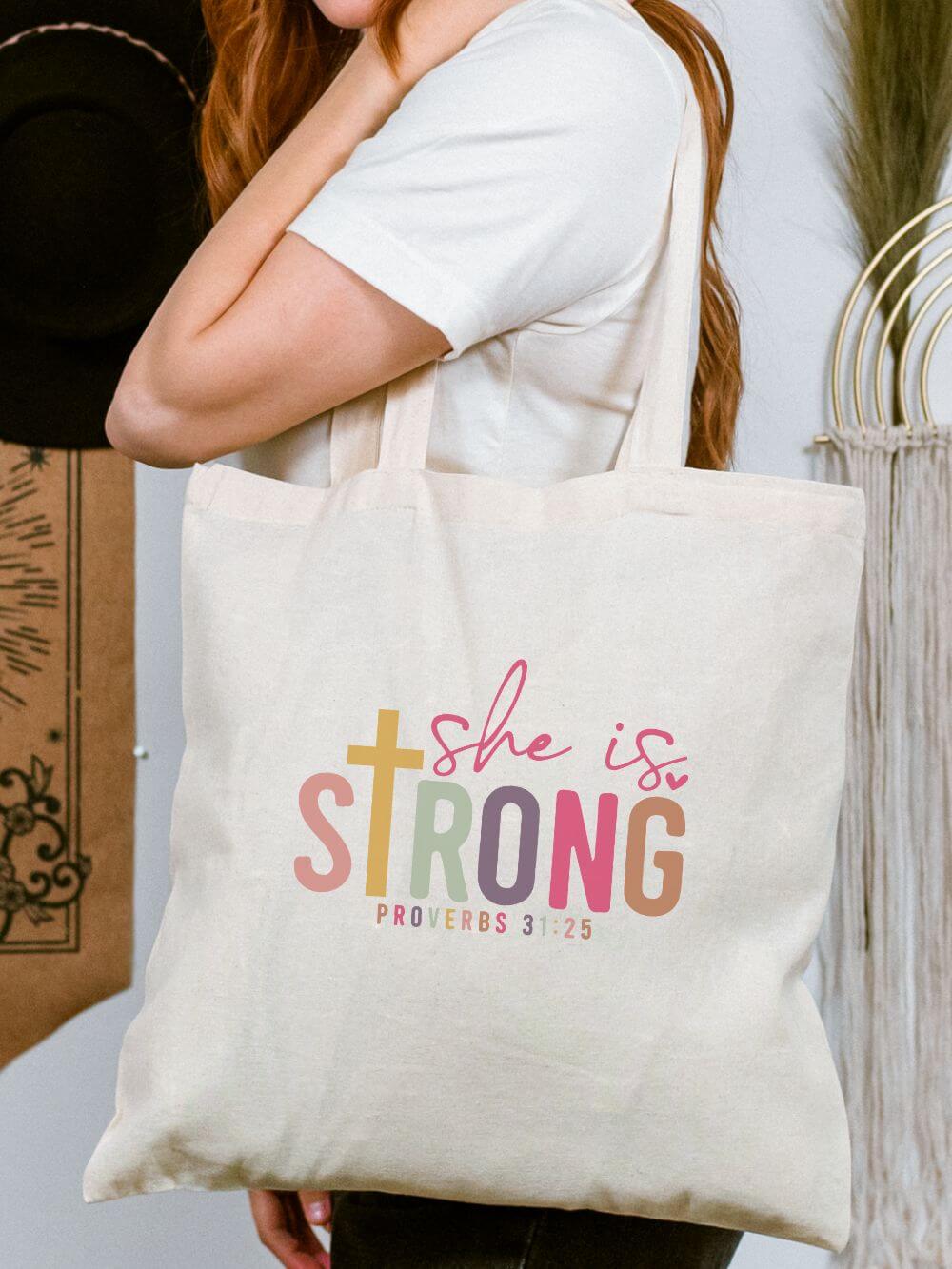 She Is Strong Proverbs 31:25 Inspirational Cotton Canvas Tote Bag