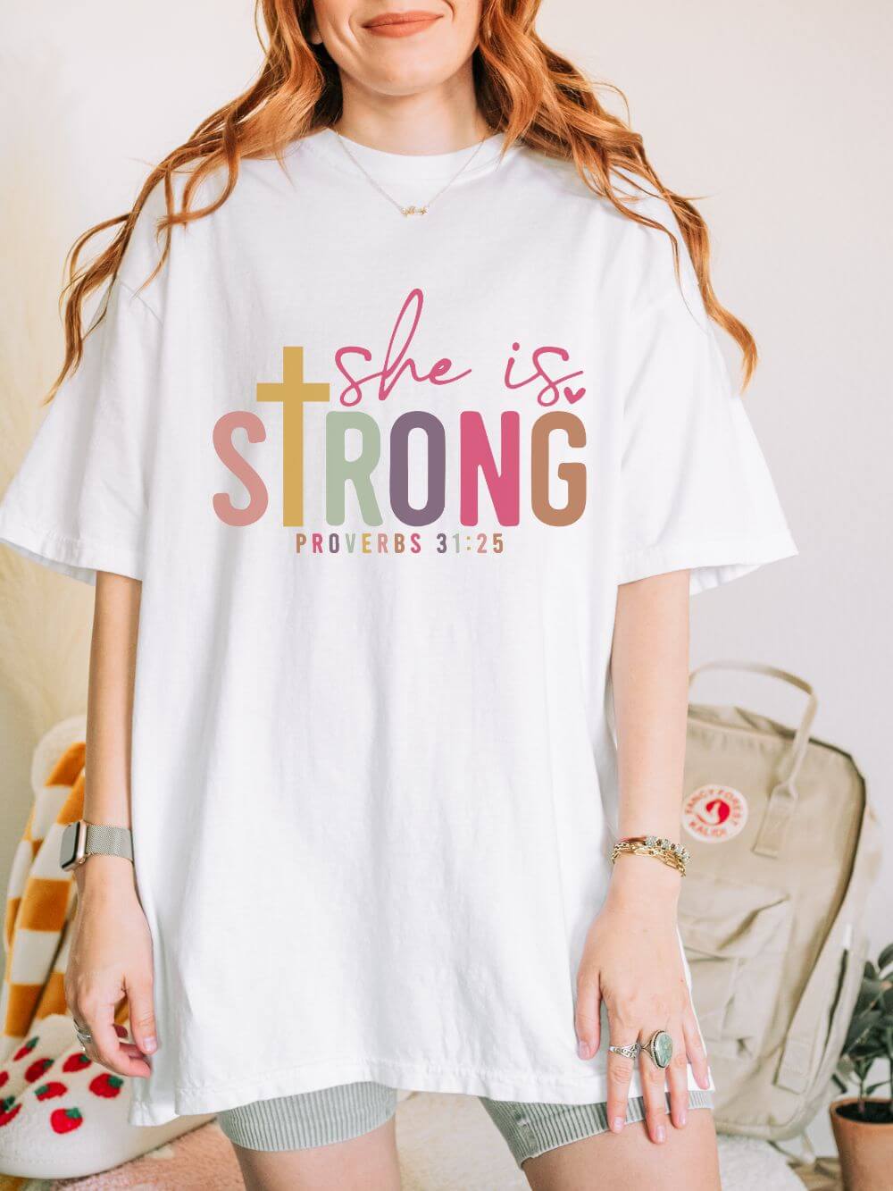 She is Strong Proverbs 31:25 Christian Faith Graphic T-Shirt Unisex Short Sleeve Tee