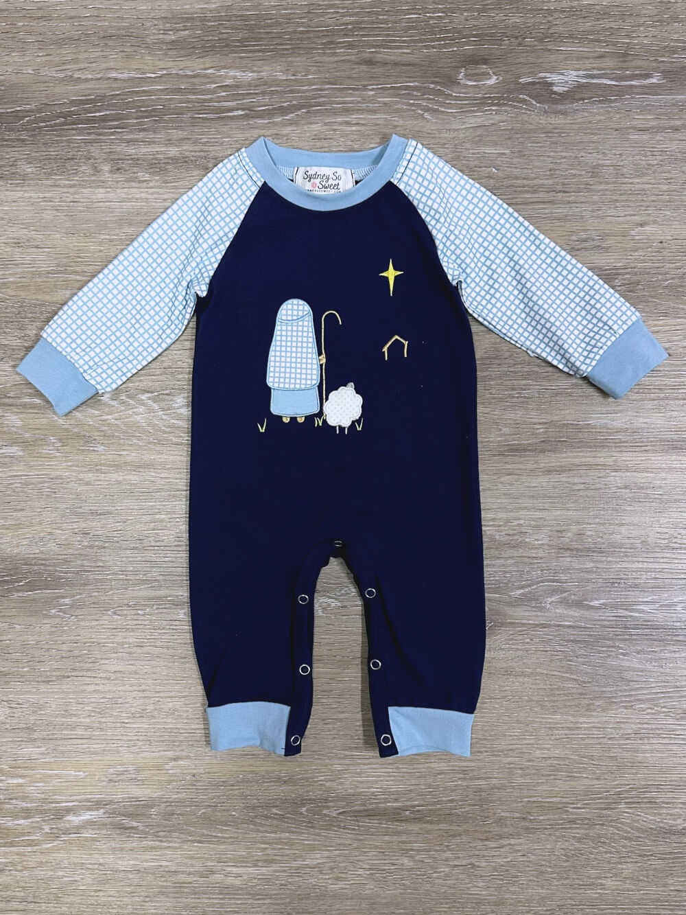 Shepherds Keep Watch Blue Boys Christmas Baby Romper - Sydney So Sweet