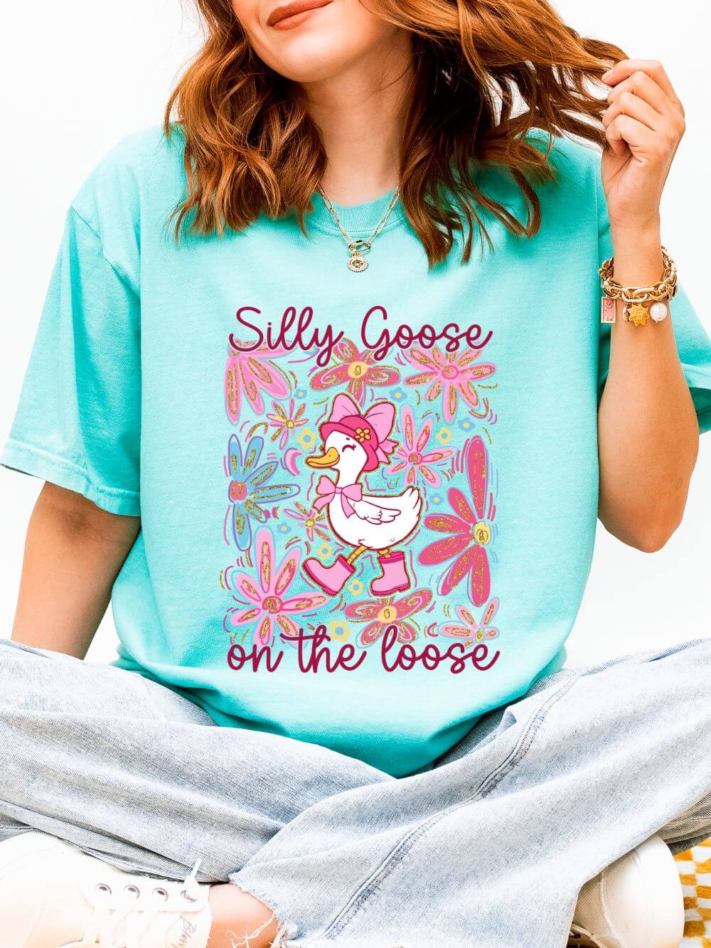 Silly Goose on the Loose Graphic T-Shirt Cute Floral Tee