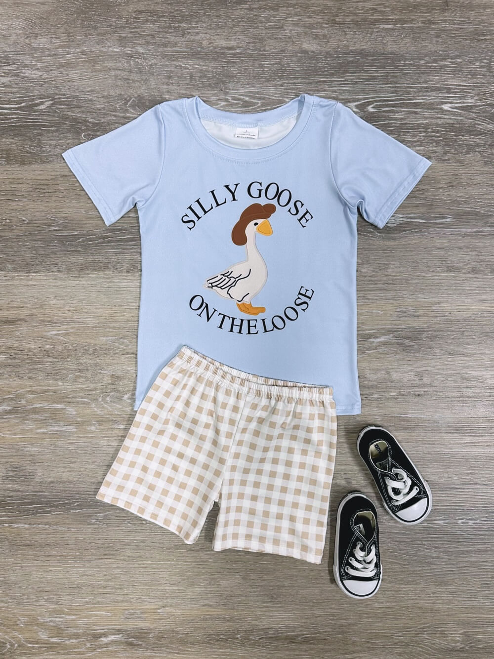 Silly Goose Shirt on the Loose Boys Checkered Shorts Outfit - Sydney So Sweet
