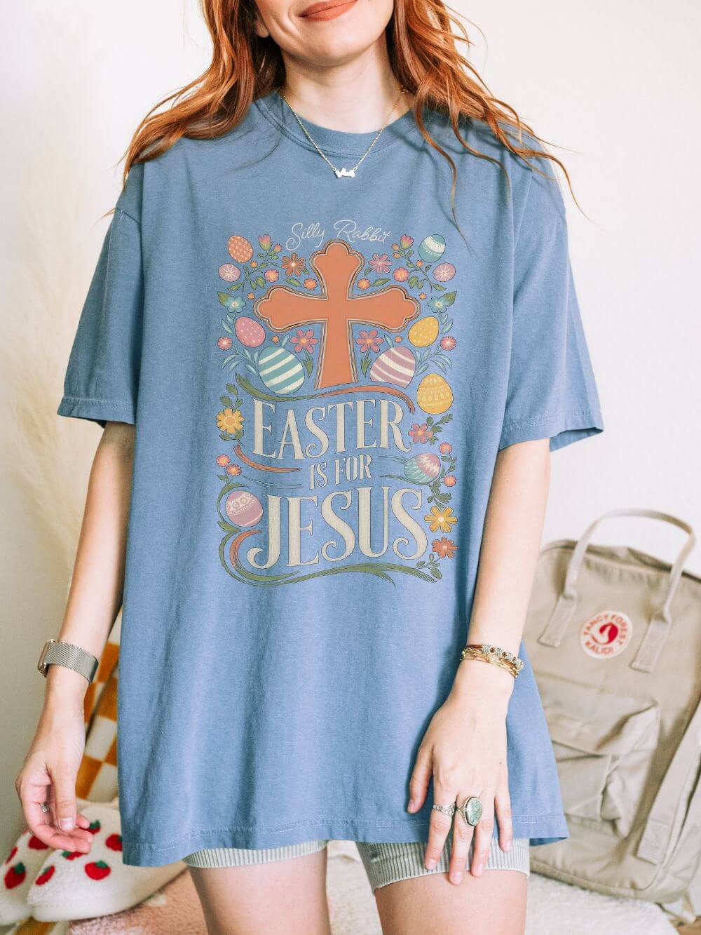 Silly Rabbit Easter Is For Jesus Christian T-Shirt Cross & Easter Eggs Faith Distressed Tee