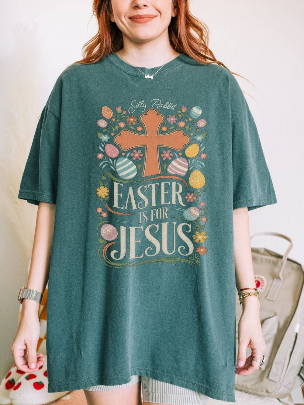 Silly Rabbit Easter Is For Jesus Christian T-Shirt Cross & Easter Eggs Faith Distressed Tee