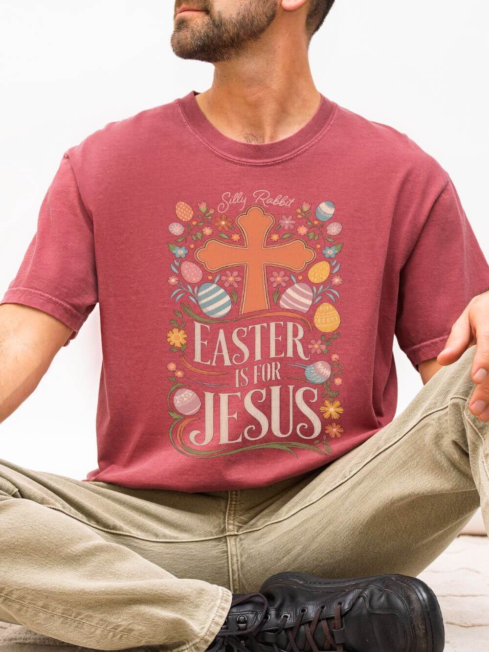 Silly Rabbit Easter Is For Jesus Christian T-Shirt Cross & Easter Eggs Faith Distressed Tee