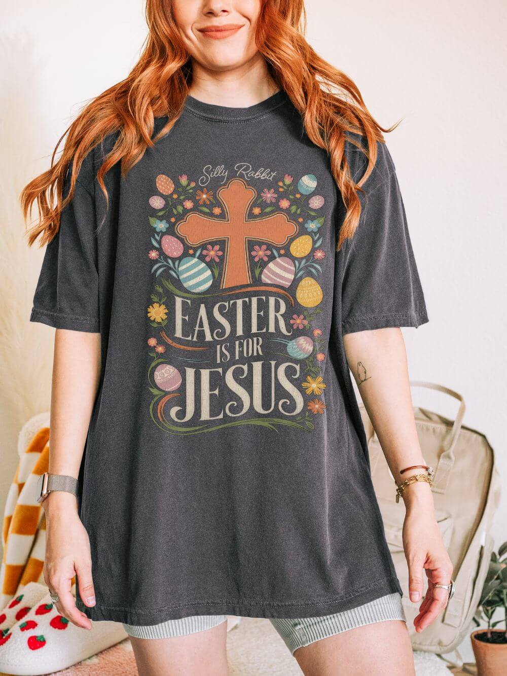 Silly Rabbit Easter Is For Jesus Christian T-Shirt Cross & Easter Eggs Faith Distressed Tee
