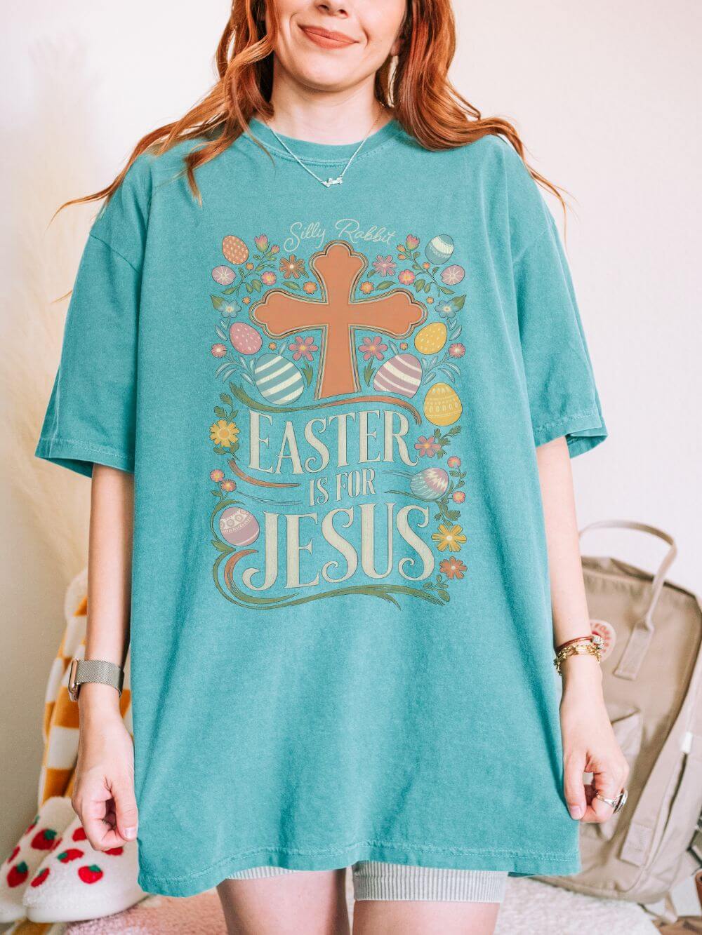 Silly Rabbit Easter Is For Jesus Christian T-Shirt Cross & Easter Eggs Faith Distressed Tee