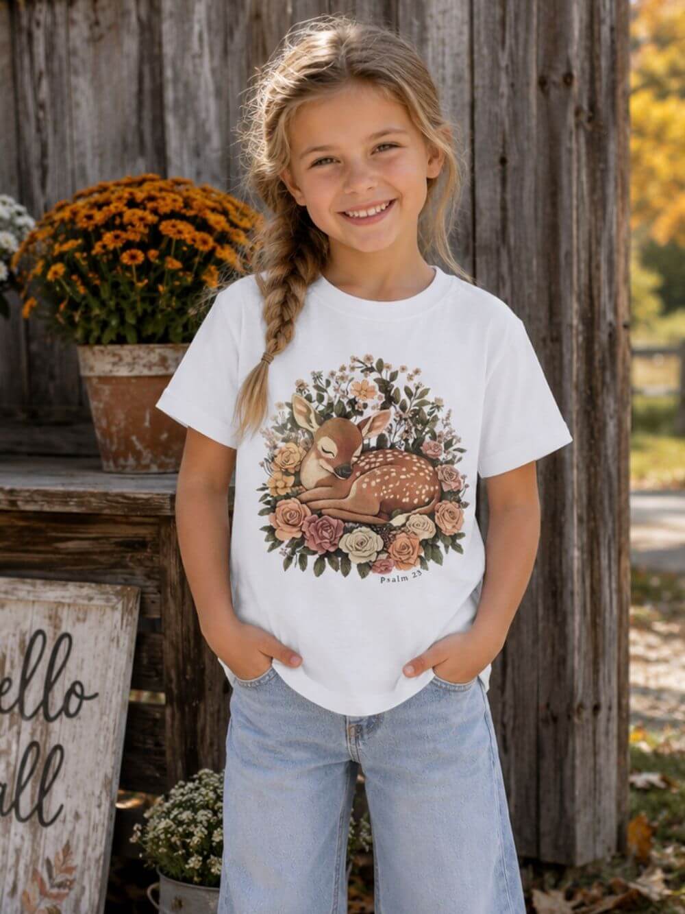 Sleeping Fawn Floral T-Shirt Psalm 23 Inspirational Kids Christian Tee