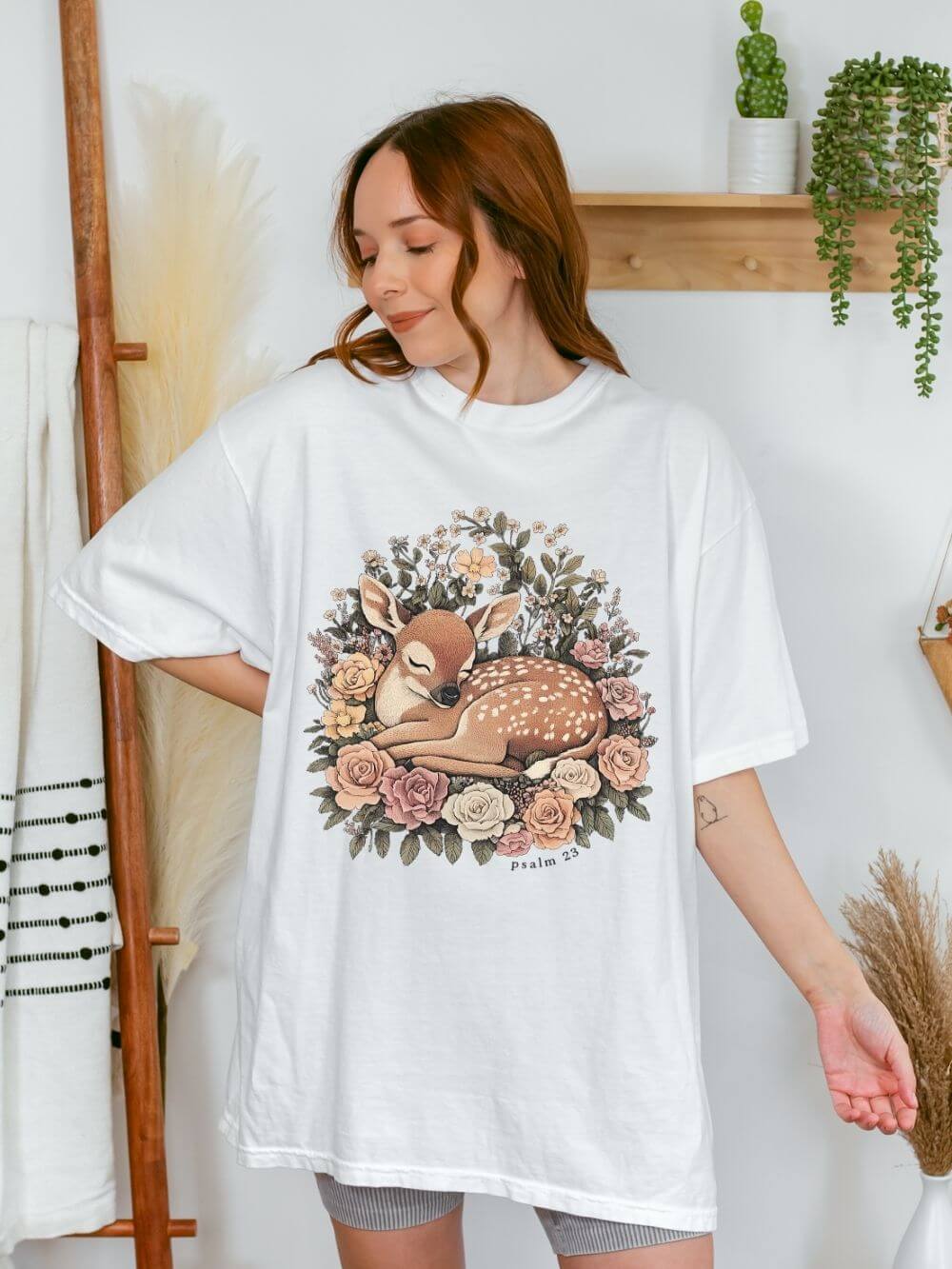 Sleeping Fawn Floral T-Shirt Psalm 23 Inspirational Christian Tee