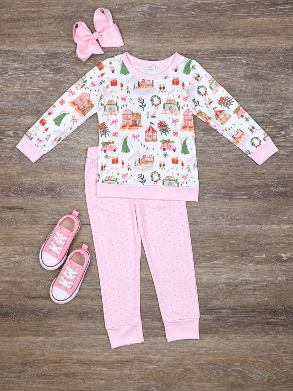 Small Town Christmas Pink Polka Dot Girls Outfit