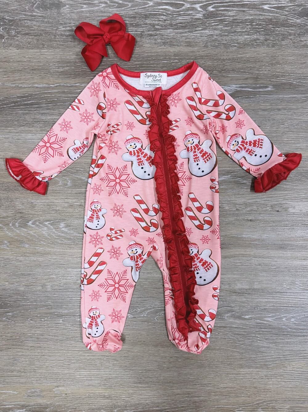 Snow Cute Girls Red Ruffle Candy Cane Baby Romper - Sydney So Sweet